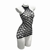 Sexy Mesh Halter Neck Hollow Out Open Crotch Dress With Exposed Chest And Sheer For Women Off-the-shoulder Mini Dress Charm RCIJ