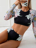 Vintage Black Floral Print Bikini Set 2026 Women Long Sleeve O Neck Top High Waist Swimsuit Beach Holiday Bathing Suit Swimwear