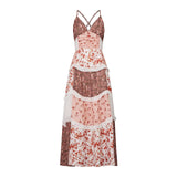 Women's Summer Floral Print Bohemian Long Dress Stylish Lace Patchwork Ruffled Trim Spaghetti Strap V Neck A-Line Dress