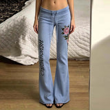 Retro rose letter print low-waist drawstring flared trousers, slim fit and versatile casual trousers