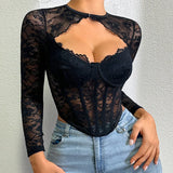 Solid Color Slim Low-Cut Tube Top Lace Mesh Patchwork Lace Sexy Hollow Out Fishbone Top Long Sleeve Vest Transparent Charm NJWG