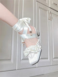 Brand New Vintage y2k Square Toe Mules Pumps Gothic Ruffles Lolita Bow-knot Block Heels Ribbon Tie Ballet Shoes Women