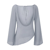 Summer Women's Sheer Chiffon Tops Solid Color Boat Neck Long Sleeve Tie-up Back Blouse for Party Club Daily Cover-ups Shirt