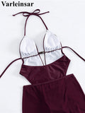 Sexy With Skirt Halter Deep V Neck Women Swimwear One Piece Swimsuit Female High Leg Cut Backless Bather Bathing Suit Swim V8112