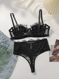 2-piece black lace ultra-thin transparent lingerie set sexy solid color set women's bra party thong underwear MR3406