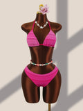 Vintage Hot Pink Gradient Bikini Set 2026 Women Push Up Bra Holiday Mesh Pleate Cover Up 3 Piece Swimsuit Bathing Suit Swimwear