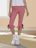 Women Flared Leggings Capri Pants Casual Fashion Plaid Print Cute Bow Crop Bell Bottoms Trendy Bootcut Trousers