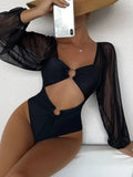 2026 Black Swimsuit One Piece Solid Long Sleeve Swimwear Women Bathing Suit Female Padded Swimming Summer Beachwear Bodysuit