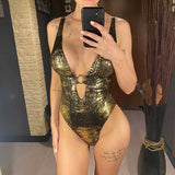 Sexy Golden Deep V Neck High Cut Leg Backless One Piece Swimsuit Women Swimwear Female Monokini Bather Bathing Suit Swim V6690