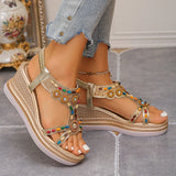 National Wind Beaded Wedge Heels Sandals Women Chunky Platform Slip On Gladiator Sandals Woman Plus Size 43 High Heel Sandalias