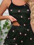 Heart Print Pajama Set Crew Neck Cami Top & Lettuce Trim Casual Round Sexy Women's Summer Sleepwear Soft Loungewear Nightwear