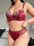 Plus Size Wine Red Lace Bra Set Soft Underwire Push Up Gather Uplift Anti Sagging Sexy Lingerie 2 Piece Panty Set