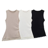 Women's Fashionable  Casual Pleated Lace Top Women Ruched Side Lace Trim Sleeveless Tank Top Casual Slim Fit Basic Tops 1JTD