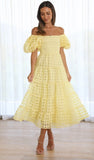 Foridol Off Shoulder Summer Spring Midi Dresses Women Casual Puff Sleeve A-line Beach Vestidos Yellow Beach Party New in Dress