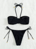 Halter Tie Side Pleated Smocked Bikini Women Bandeau Swimsuit Female Swimwear Two Pieces Bikini Set Bathing Suit Swim Beach Wear