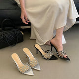 Fashion Crystal Rhinestone Thin High Heels Slippers Summer Pointed Toe Open Toes Woman Retro Slippers Party Dress Shoes New