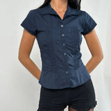 Women's Summer Slim Fit Shirt Solid Color Short Sleeve Lapel Button Down Pleated Tops Streetwear