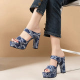 Women's Fashion Denim Platform Heels Summer New Round Toe Non-Slip Wear-Resistant Block Heel Slippers