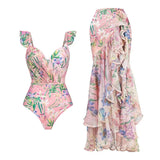 2025 New 2PC Push Up Women Bikini Set Skirt Floral Printed Bikinis Strappy Bandage Swimwear Brazilian Biquini Bathing Suit