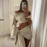 2Pcs/Set Summer Women Cover-Ups Sloping Shoulder Long Sleeve Tops High Waist Lace-up Mini Skirt Set UV Protection Beach Outfit