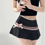 Striped Contrasting Color Bow Lace Splicing Pleated Skirt Women 2026 Summer American Style Low Waist  A-line Short Skirt UBFK