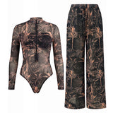 S - XXL New Leaves Printed Long Sleeve With Zipper Pants One Piece Swimsuit Women Swimwear Female Bather Bathing Suit Swim V8355