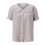 Women Doll Collar Loose Floral/Solid Tops Short Sleeve Button-down Shirts Casual Summer Streetwear