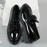 Chain Decor Patent Leather Women's Loafers Comfortable Slip On Med Heel Student Shoes Woman Plus Size Point Toe Oxford Shoes 42