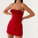 Women Solid Color Sexy Mini Dress Sleeveless Strapless Backless Flowers Slim Fit Summer Tube Dress Party Clubwear