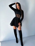 Ahagaga Fashion Solid Women's Mini Dresses A-Line Knitted Sheer Slim Fit Long Sleeves Bodycon O-Neck Party Streetwear Vestidos