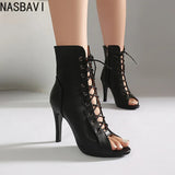 Plus Size Women Peep Toe Cutout Lace Up Ankle Boots with Side Zipper Stiletto High Heels Summer Hollow Out Short Booties