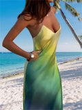 Women's Summer Cami Long Dress Gradient Color Spaghetti Strap V-Neck Backless Beach Evening Party Dress