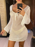 V Neck Long Sleeve Hollow Out Crochet Knitted Tunic Beach Cover Up Cover-ups Beach Dress Beach Wear Beachwear Female Women V6081