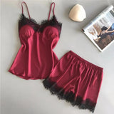 Two PCS New Summer Women's V-Neck Sexy Lace Pajama Set Women's Sexy Lace Suspender Top and Shorts Casual Home Pajamas