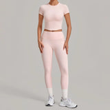 Women Tracksuit Yoga Sets Short Sleeve Slim Sports T Shirts Workout Clothes Outdoor Tight High Waist Pocket Pants Fitness Suits