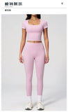 2PC Color Contrast Yoga Suit Women Short Sleeve Square Collar Slim Sports Top Fitness Suits Outdoor Exercise Leggings Tracksuit
