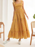 Women Summer Bohemian Floral Print Sundress Smocked Square Neck Sleeveless Backless A-line Long Tiered Ruffle Dress with Pockets