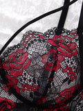 Black Red Rose Floral Embroidery Mesh Babydoll Lingerie Set Underwire Nightgown With Matching Thong Women Sleepwear ZA825127