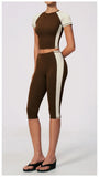 Color Blocking 2PCS Yoga Set Women's Tracksuit Short Sleeve O Neck Sports T Shirts High Waist Cropped Pants Tight Fitness Suits