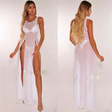 Summer Bikini Cover Up Women Beach Sundress Sexy Mesh Sheer Long Dress Solid See-through Sleeveless Strap Beach Dress