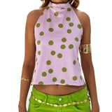 Women Halter Tops Sleeveless Backless Dots/Flower Print Summer Vest for Club Party Summer Tank Top