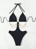 Woman Bikini Triangle Top Ribbed Fabric Black Bikinis Side Cutout Chain Detail Swimsuit High Cut Bottom Belly Chain Beachwear