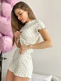 Women Leopard Print Pleated Pajama Set Ruffle Short Sleeve Crop Top Elastic High Waist Shorts Soft Casual Loungewear Sleepwear
