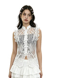 Women's Solid Color Lace Tank Tops Mandarin Collar Sleeveless Frog Buttons Summer Vest