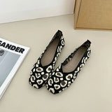 Leopard Color Square Toe Knitted Loafers Women Leisure Flat Shoes Soft Bottom Shallow Ballet Flats Casual Slip on Boat Shoes