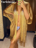 Sexy Fringe Tassel Mesh Sheer Shiny Knitted Tunic Beach Cover Up Cover-ups Beach Dress Beach Wear Beachwear Female Women V3321