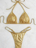 Halter PU Leather Extreme Mini Micro String Bikini Female Swimsuit Women Swimwear Two-pieces Bikini Set Thong Bathing Suit Swim
