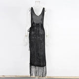 Sexy Fringe Tassel Knitted Crochet Tunic Beach Cover Up Women Long Dresses Cover-ups Beach Dress Beach Wear Beachwear Female