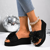 Fashion Flower Design Wedge Slippers Women Summer Sequins Black Platform Slides Female Stylish Anti-Slip High Heel Sandals Mujer