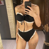 Bandeau Splicing Frilled Female Swimsuit High Waist Bikini Women Swimwear Two-Pieces Bikini Set Bather Bathing Suit Swim V7039